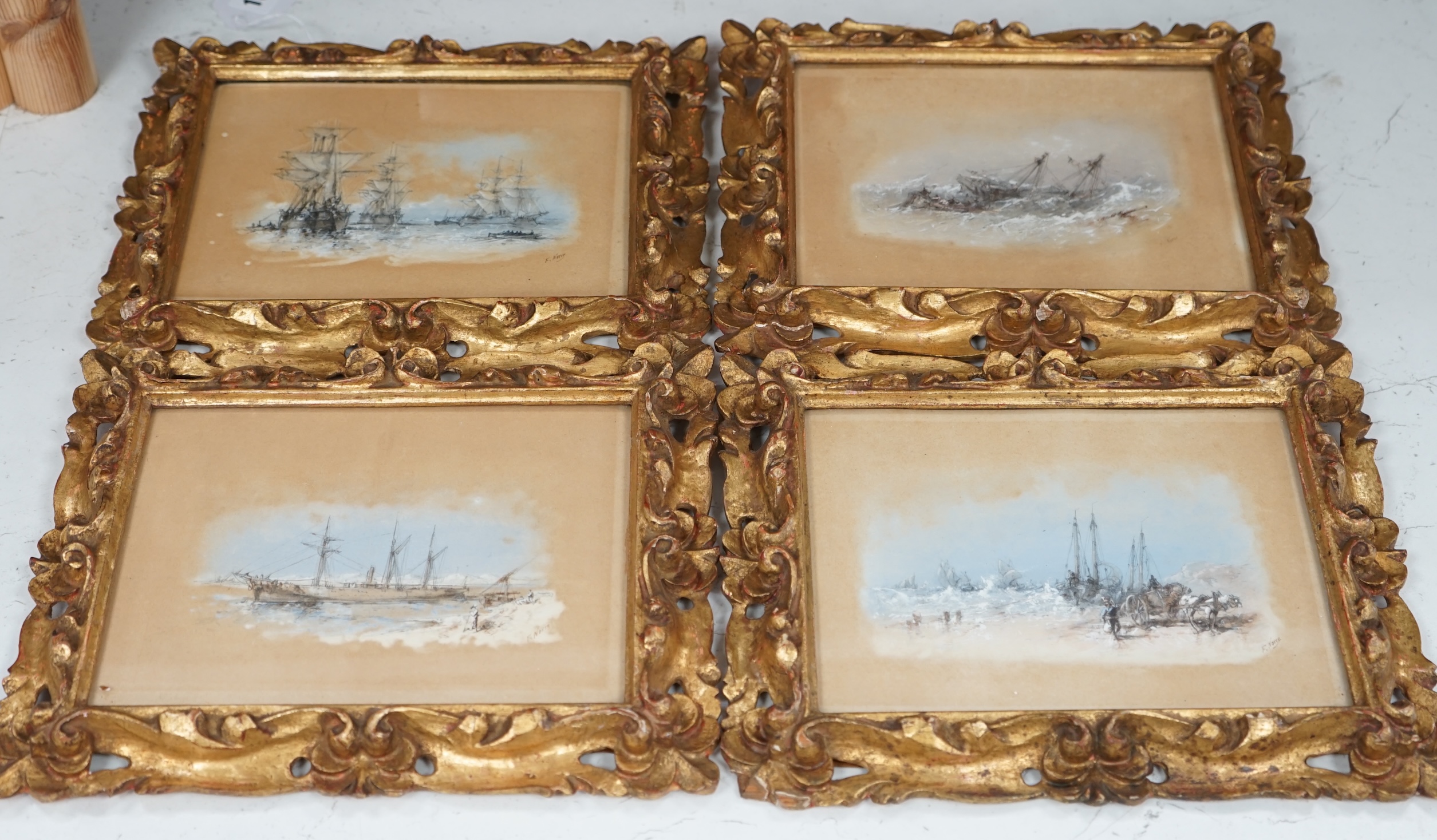 Frank V. Norie (19th century), set of four pastel and mixed medias, Maritime and coastal scenes, each signed, 15 x 19cm, ornate gilt framed. Condition - poor to fair